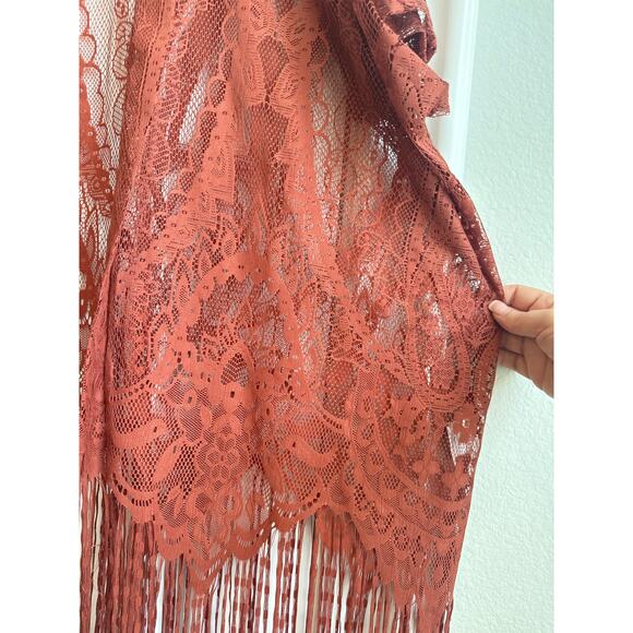 emerette Dusty Rose Pink Lace Open Front Kimono Cardigan with Long Fringe - Picture 3 of 7